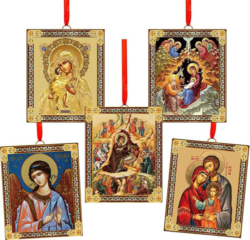 Religious Christmas Ornaments Nativity of Christ, Holy Family, Perpetual Help Icon, and Virgin Mary Icons, 2 Sided, Wooden, Red Ribbons, Orthodox Catholic Christian, Set of 5