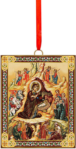 Needzo Nativity of Christ Christmas Ornament Wooden 2 Sided Orthodox Icon Gold Foil 3 1/16 Inch, Christmas Decoration Gift for Kids and Adults