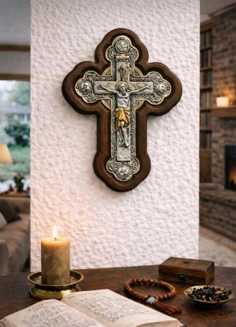 Crucifixion  Wall Cross Icon – Engraved 925 Silver & Wood