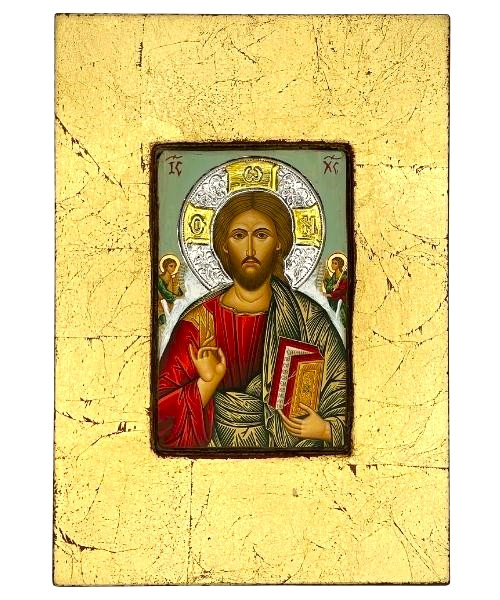 Jesus Christ Pantocrator  Silk Screen Icon – Gold Frame Engraved Wood with Silver & Gold Halo