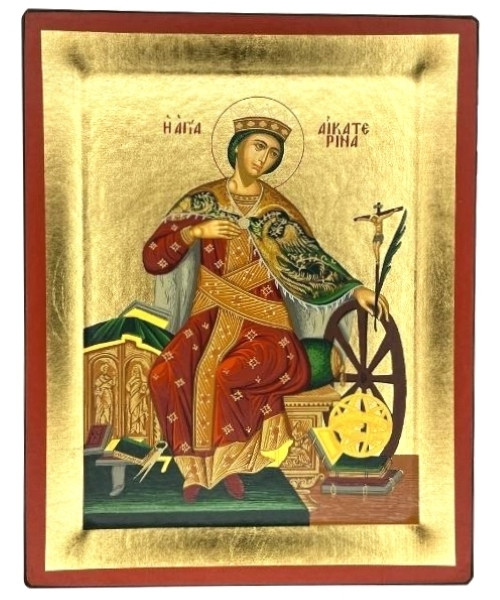 Saint Catherine Silk Screen Icon – Gold & Engraved Wood