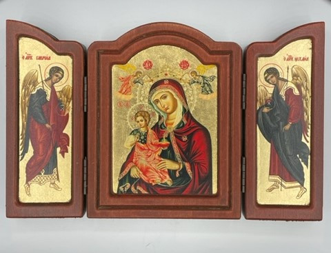 Virgin Mary Vrefokratousa – Child Holding Silk Screen Triptych Icons – Engraved Gold & Wood