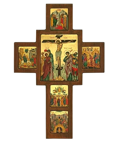Crucifixion of Jesus Christ and Scenes of His Life Icons Cross – Engraved Wood