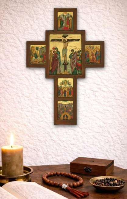 Crucifixion of Jesus Christ and Scenes of His Life Icons Cross – Engraved Wood
