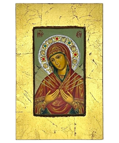 Virgin Mary with Seven Swords Silk Screen Icon – Gold Frame, Engraved Wood