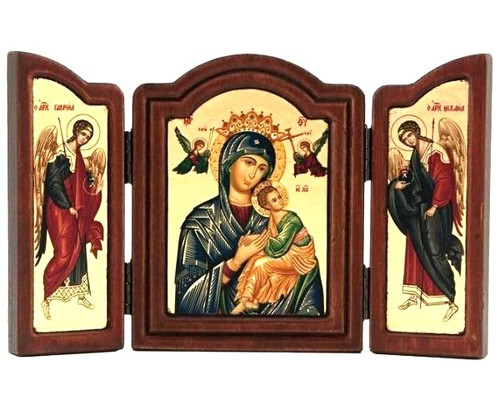 Virgin Mary Perpetual Help Silk Screen Triptych Icons – Engraved Gold & Wood