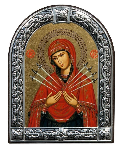 Virgin Mary with Seven Swords (Seven Sorrows) Icon – Engraved Arched Metal Frame