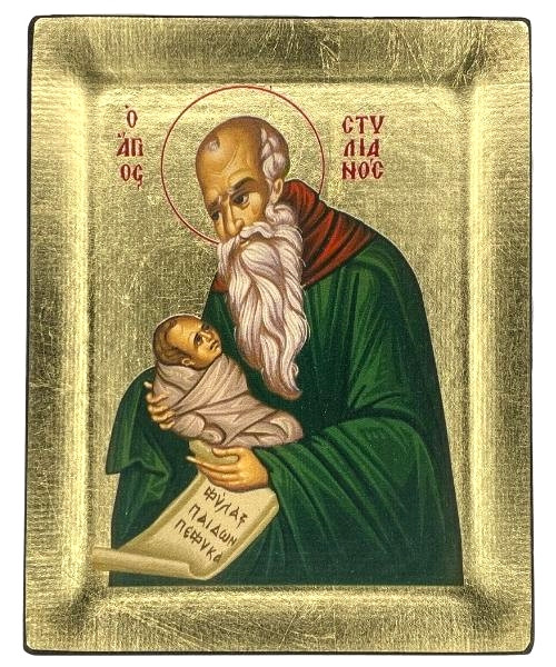 Saint Stylianos Silk Screen Icon – Gold & Engraved Wood