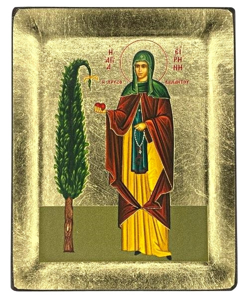 Saint Irene Chrysovalantou Christian Icon – Gold & Engraved Wood