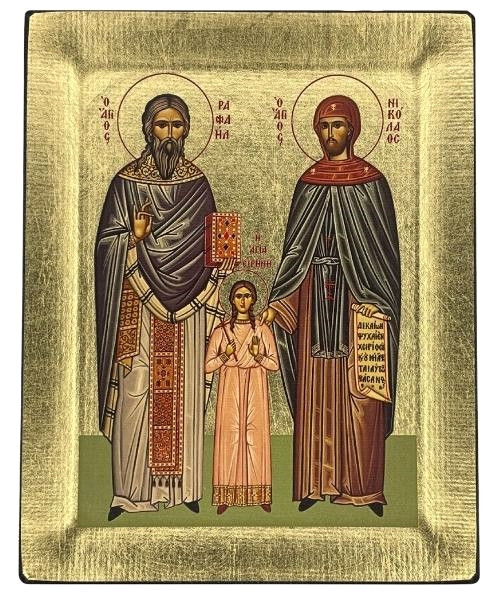 Saints Raphael Nicholas and Irene Silk Screen Icon – Gold & Engraved Wood
