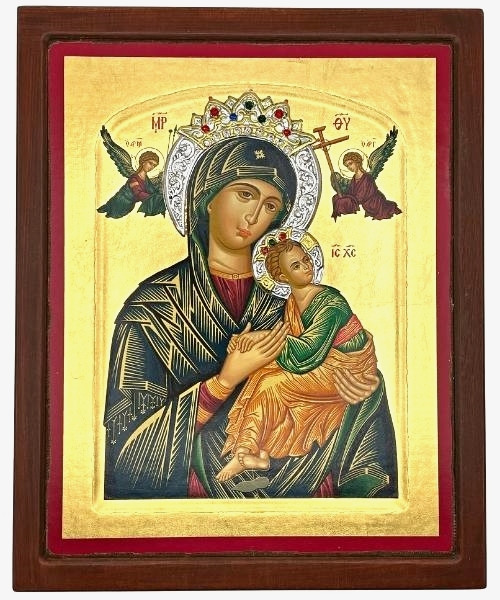 Virgin Mary Perpetual Help Silk Screen Icon Gold Engraved Wood
