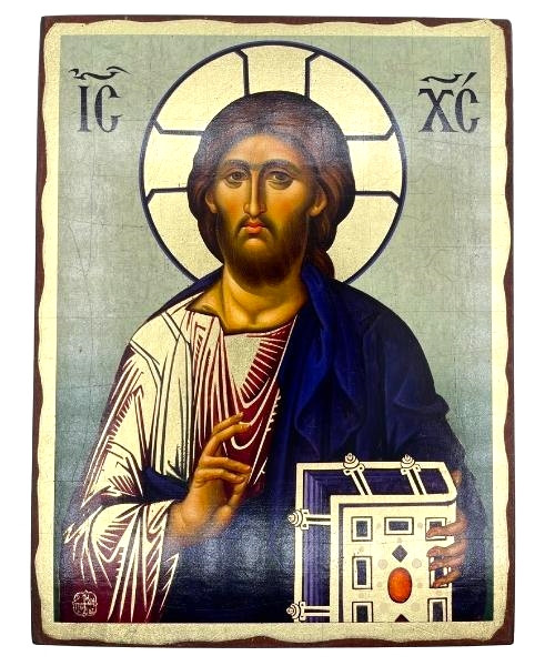 Jesus Christ – Monastery of Vatopedi Silk Screen Icon – Aged Edge Wood
