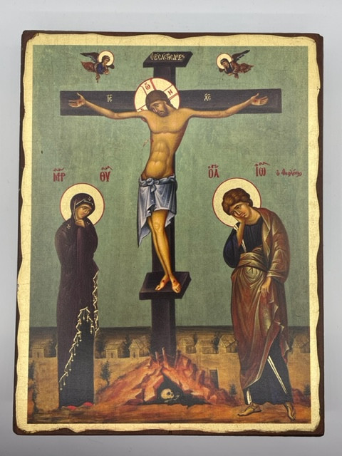 The Crucifixion Aged Edge Natural Wood Icon