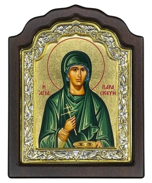 Saint Paraskevi Icon – Arched, Engraved Silver, Gold & Wood