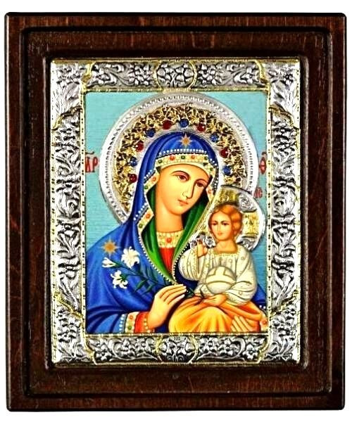 Virgin Mary of Lillies Silk Screen Icon – Engraved 925 Silver, Wood and European crystals