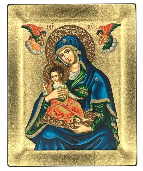 Virgin Mary Vrefokratousa Child Holding Silk Screen Icon – Gold & Engraved Wood