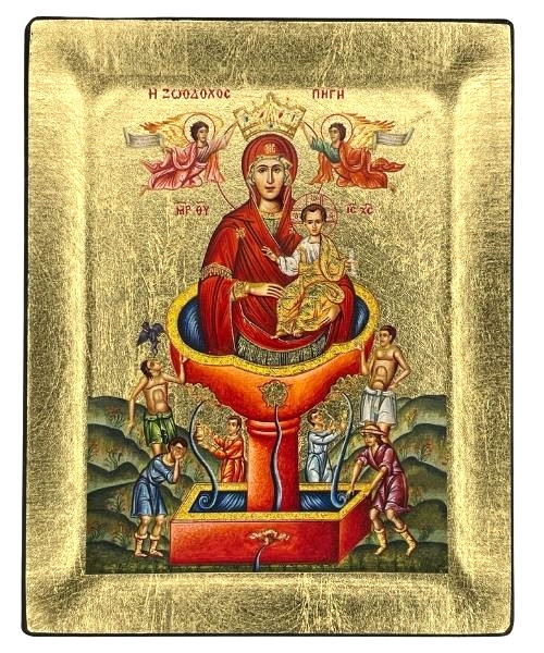 Virgin Mary Zoodochos Pigi – Life Giving Well Silk Screen Icon – Gold & Engraved Wood