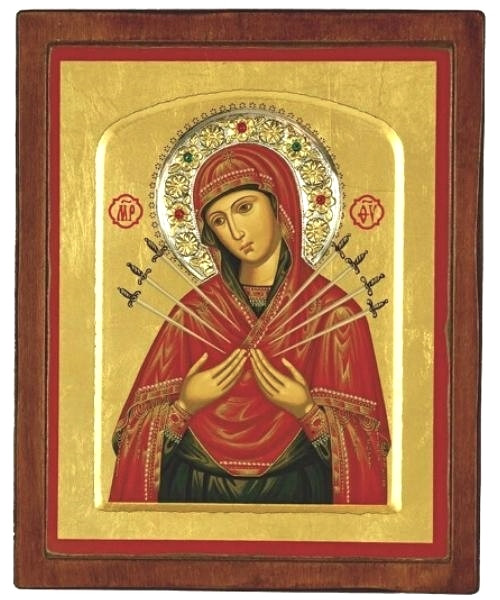 Virgin Mary with Seven Swords (Our Lady of Seven Sorrows) Silk Screen Icon – Gold Engraved Wood