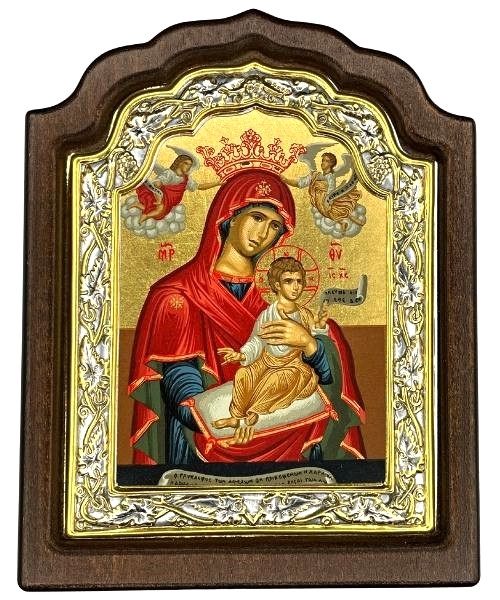 Virgin Mary with Child Icon (Theotokos) – Arched Engraved Silver, Gold & Wood