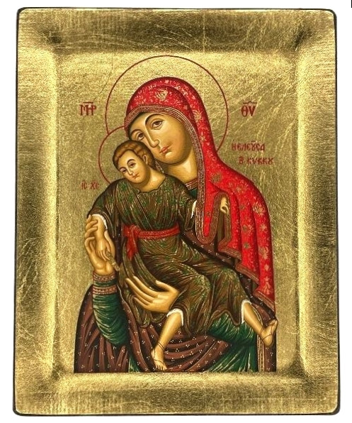 Virgin Mary Eleousa – Mercy Giving of Kykkos Silk Screen Icon – Gold & Engraved Wood