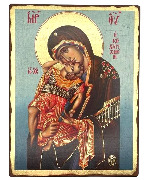 Virgin Mary Keharitomeni  (Theotokos) Silk Screen Icon – Aged Edge Wood