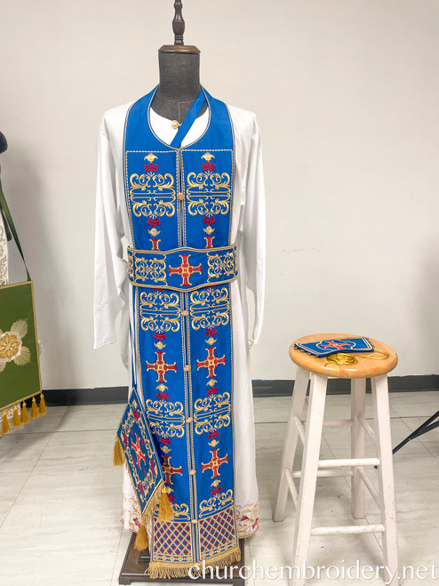 Fully-Embroidered Orthodox Priest Vestments Set — Blue-Gold-Red : SE-