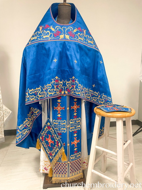 Fully-Embroidered Orthodox Priest Vestments Set — Blue-Gold-Red : SE-