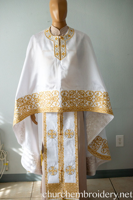 Fully-Embroidered Orthodox Priest Vestments Set — White-Gold : SE-