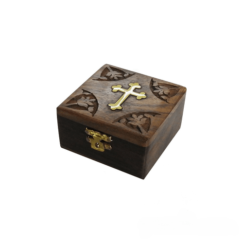 Wooden Box with Brass Cross and Engraved Decoration