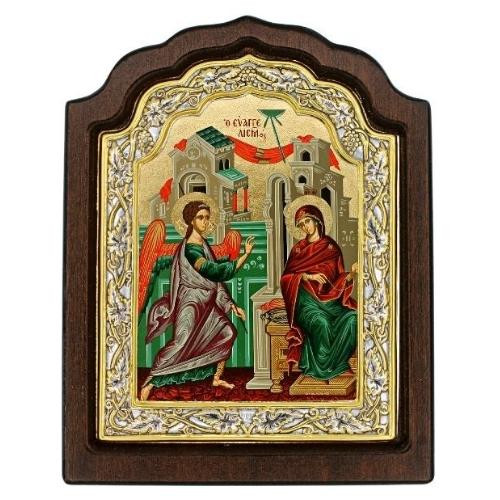 The Annunciation of Virgin Mary Icon – Arched, Engraved Silver, Gold & Wood : SE-