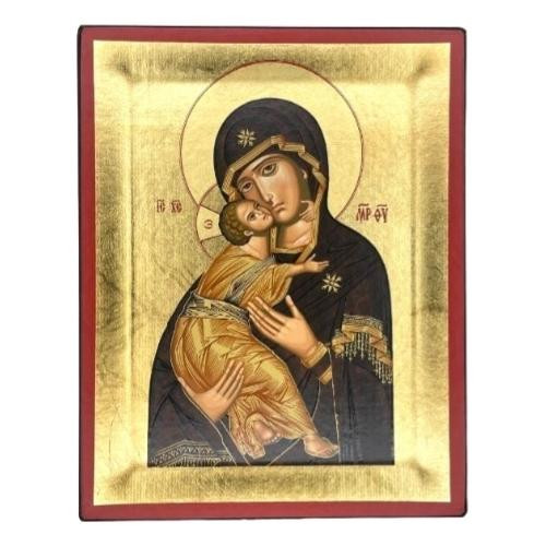 Virgin Mary of  Tenderness (Elousa)  Vladimir Silk Screen Icon – Gold & Engraved Wood : SE-