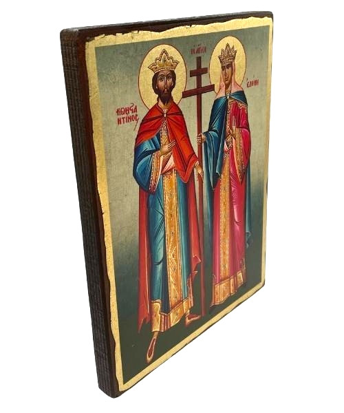 Saints Constantine (Konstantinos) and Helen (Eleni) Silk Screen Icon – Aged Edge Wood