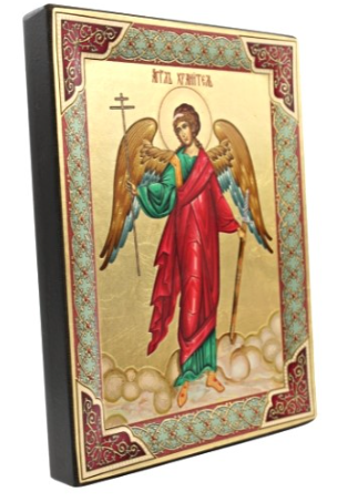 Guardian Angel Religious Icon Eastern Style Gold Engraved Natural Wood