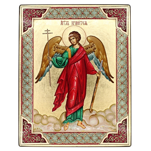 Guardian Angel Religious Icon Eastern Style Gold Engraved Natural Wood