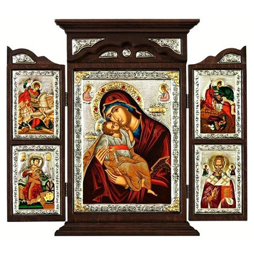 Virgin Mary Glykofilousa – Sweet Kissing Silk Screen Triptych Icons – Engraved  Sterling Silver & Wood