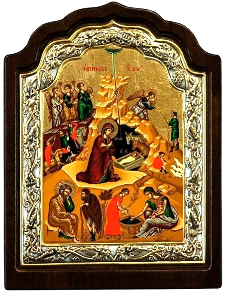 The Nativity Icon – Arched Engraved Silver, Gold & Wood