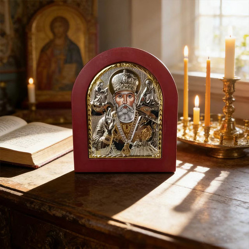 St. Nicholas Icon Silver Plated Handmade Wooden