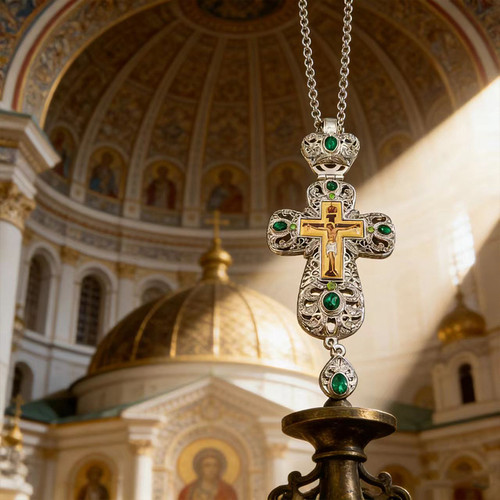Clergy Orthodox Cross Pendant with Green Crystal Accents Two-Tone Design
