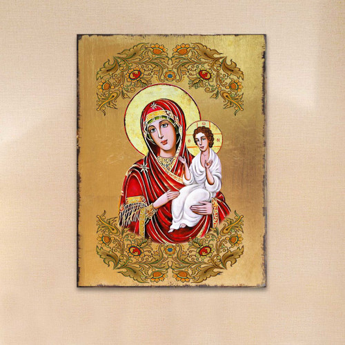 Virgin Mary Directress Wooden Gold Plated Religious Orthodox Sacred Icon - Inspirational Icon Decor - 85029
