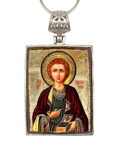 Saint Panteleimon Religious Jewelry Silver Plated Necklace, Gold-Plated Wooden Cabochon - Christian Sacred Icon - Inspirational Icon Decor - 43023R