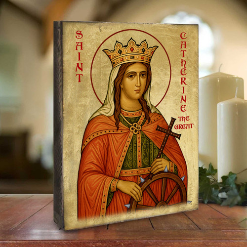 Saint Catherine Icon – Handcrafted Religious Decor | Gold Plated Wooden Christian Wall Hanging - 85068