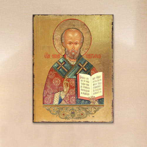 Saint Nicholas Wooden Gold Plated Religious Orthodox Sacred Icon - Inspirational Icon Décor - 85021