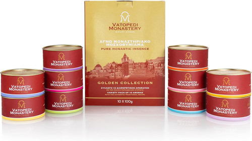 Pure Monastic Incense from Mount Athos with the Authentic Traditional Recipe 10 x 100gr (Variety of 10 Scents - Golden Collection), INCENSE-1000_GOLDEN