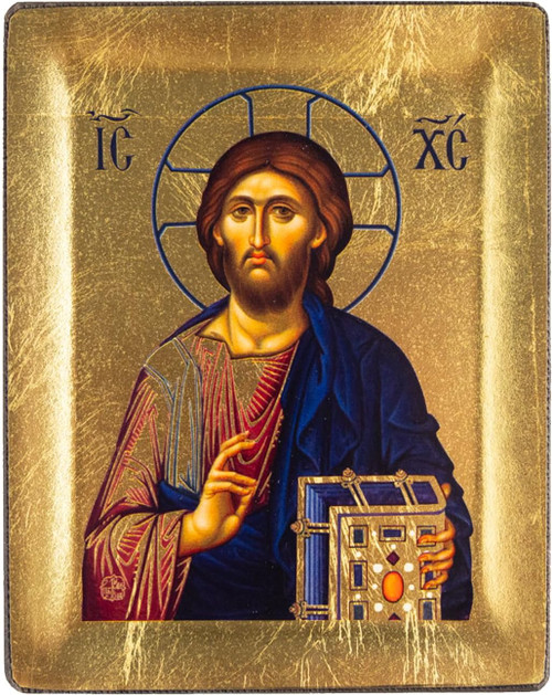 VATOPEDI MONASTERY Jesus Christ 13th-century Embossed Wooden Icon on Canvas with Golden Background from Mount Athos (13 x 10 cm)