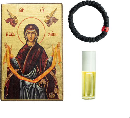 Panagia Agia Zoni Icon, Authentic Prayer Rope, Holy Myrrh and Protective Amulet - Gift Set from Mount Athos (12 x 8 cm)
