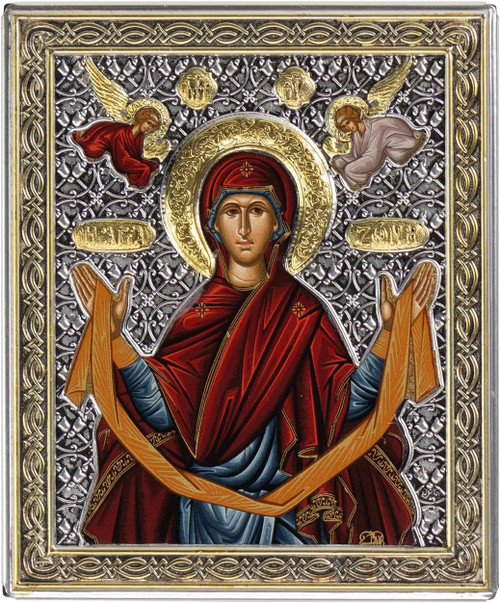 Holy Belt of Theotokos Crafted Icon on Canvas from Mount Athos (11 x 9 cm), Silver