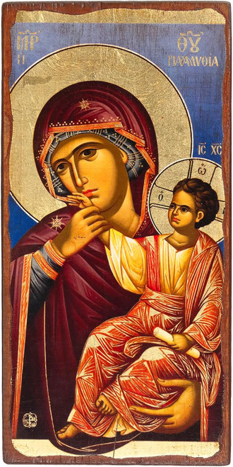 Mother Of God Paramithia 14th-century Wooden Aged Icon on Canvas with Coloured Background from Mount Athos (23 x 12 cm)