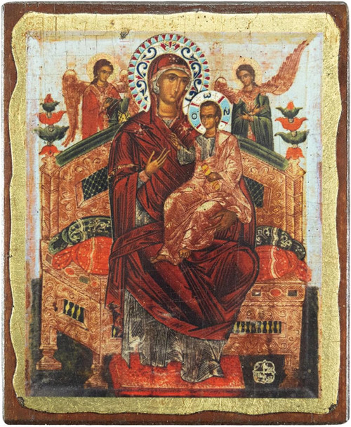 VATOPEDI MONASTERY Panagia Pantanassa 17th-century Wooden Aged Icon on Canvas with Coloured Background from Mount Athos (13 x 10 cm)