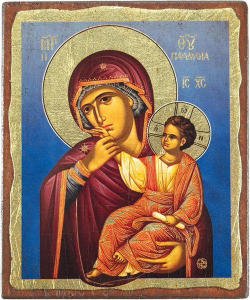 VATOPEDI MONASTERY Mother Of God Paramithia 14th-century Wooden Aged Icon on Canvas with Coloured Background from Mount Athos (13 x 10 cm)