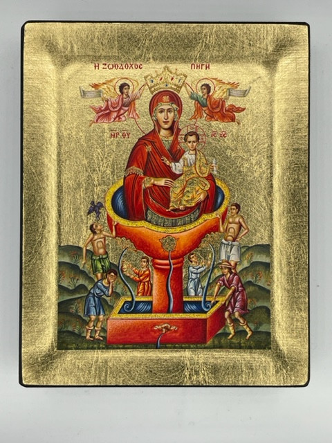 Virgin Mary Zoodochos Pigi – Life Giving Well Silk Screen Icon – Gold & Engraved Wood